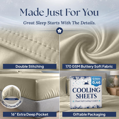 Cream sheet detail collage: double stitching, 170 GSM fabric label, 16 inch pocket with corner strap, and Cooling Sheets packaging.