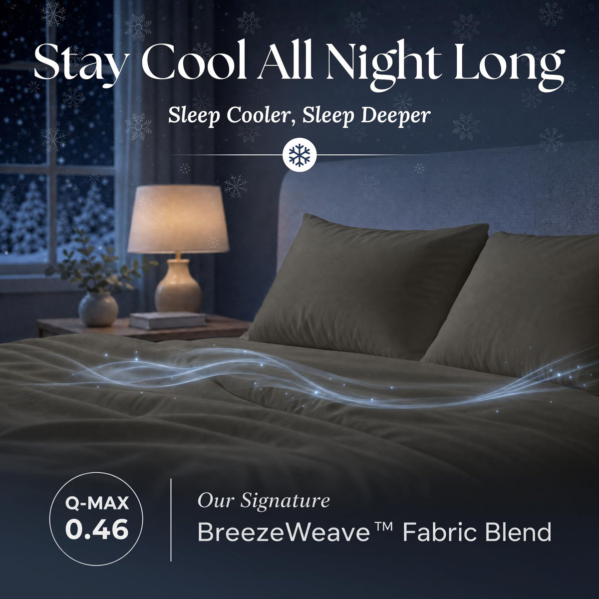 Charcoal gray sheets and matching pillows on a bed at night with flowing light effects and BreezeWeave and Q-MAX 0.46 labels.