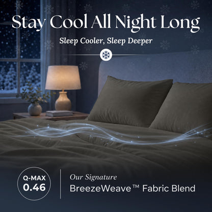 Charcoal gray sheets and matching pillows on a bed at night with flowing light effects and BreezeWeave and Q-MAX 0.46 labels.