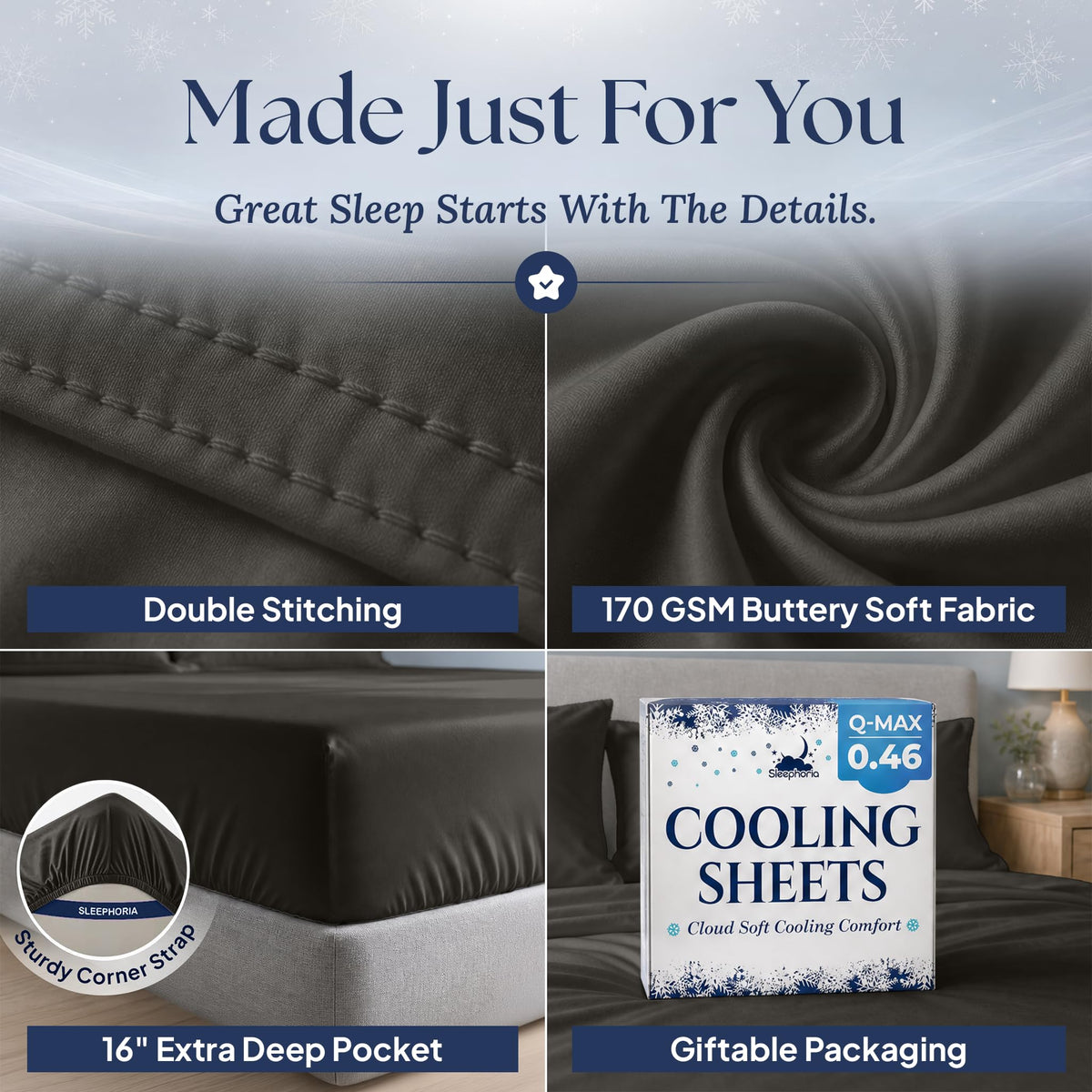 Charcoal gray sheet detail collage: double stitching, 170 GSM fabric label, 16 inch pocket with corner strap, and Cooling Sheets packaging.
