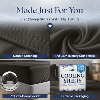 Charcoal gray sheet detail collage: double stitching, 170 GSM fabric label, 16 inch pocket with corner strap, and Cooling Sheets packaging.