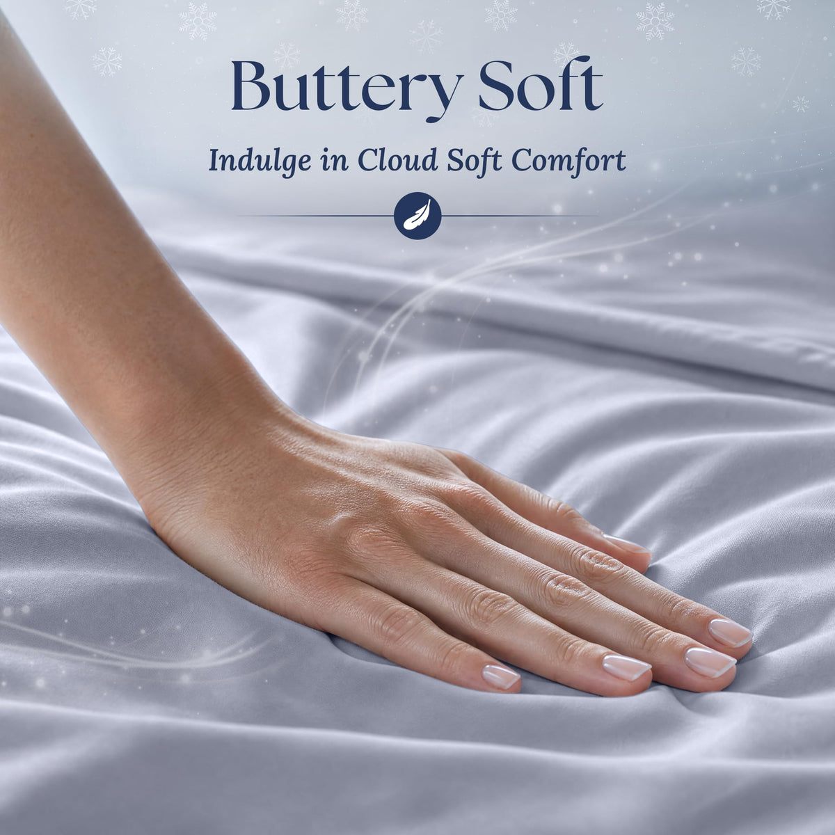 A hand smoothing pale blue gray fabric with a soft sheen. Graphic reads "Buttery Soft".