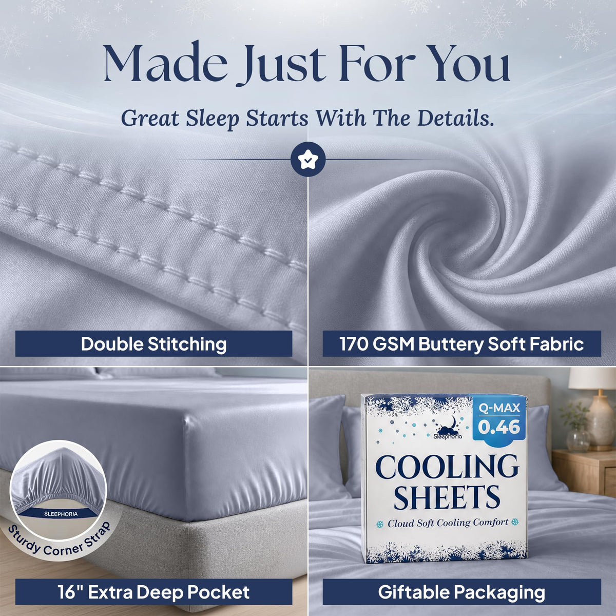 Pale blue gray sheet detail collage: double stitching, 170 GSM fabric label, 16 inch pocket with corner strap, and Cooling Sheets packaging.