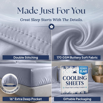 Pale blue gray sheet detail collage: double stitching, 170 GSM fabric label, 16 inch pocket with corner strap, and Cooling Sheets packaging.