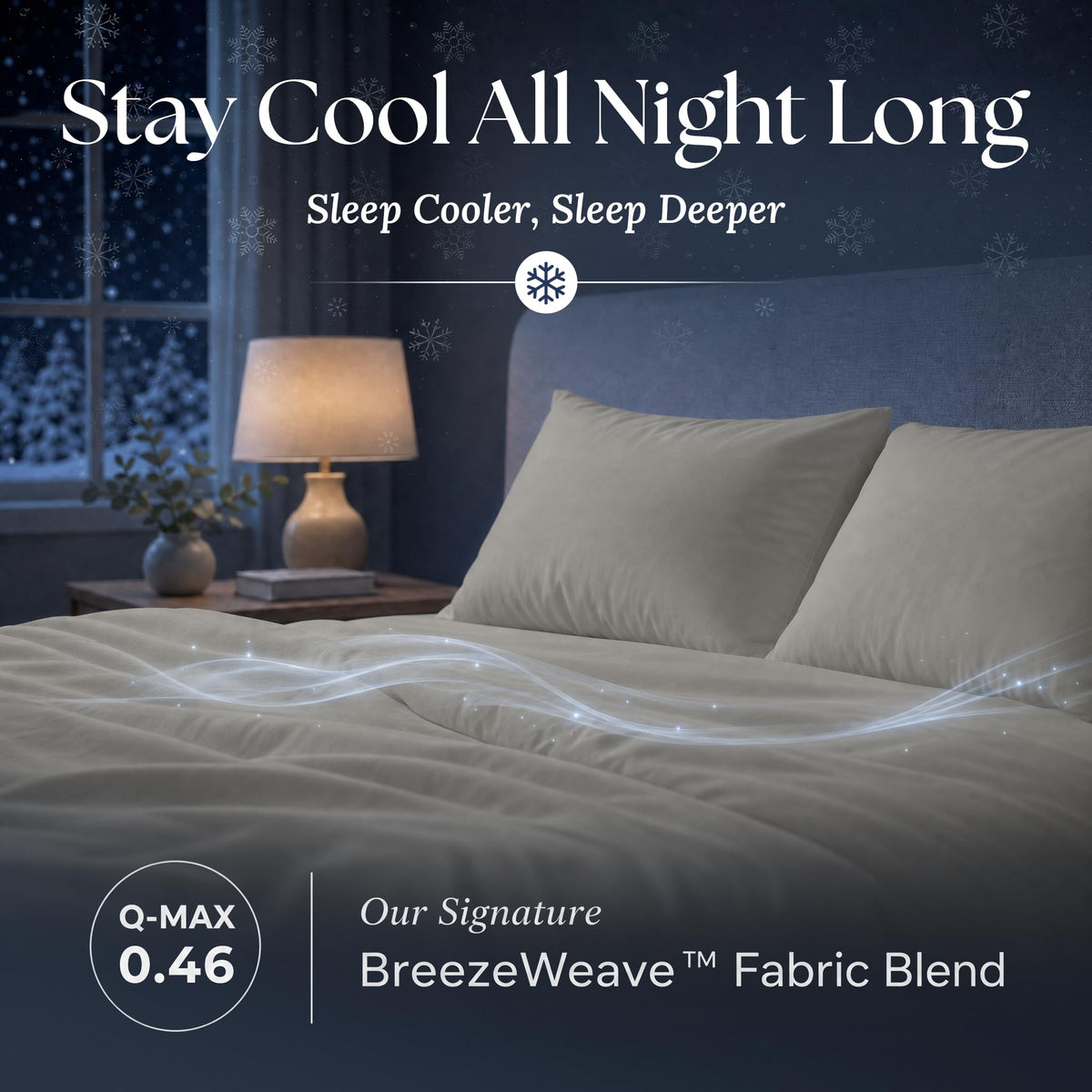 Light gray sheets and matching pillows on a bed at night with flowing light effects and BreezeWeave and Q-MAX 0.46 labels.