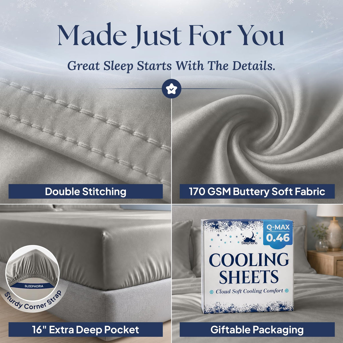 Light gray sheet detail collage: double stitching, 170 GSM fabric label, 16 inch pocket with corner strap, and Cooling Sheets packaging.
