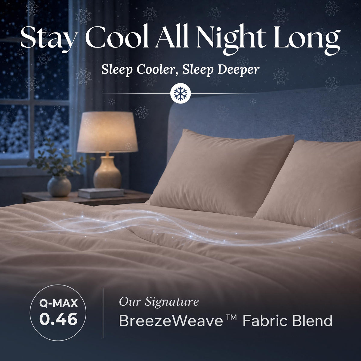 Blush pink sheets and matching pillows on a bed at night with flowing light effects and BreezeWeave and Q-MAX 0.46 labels.