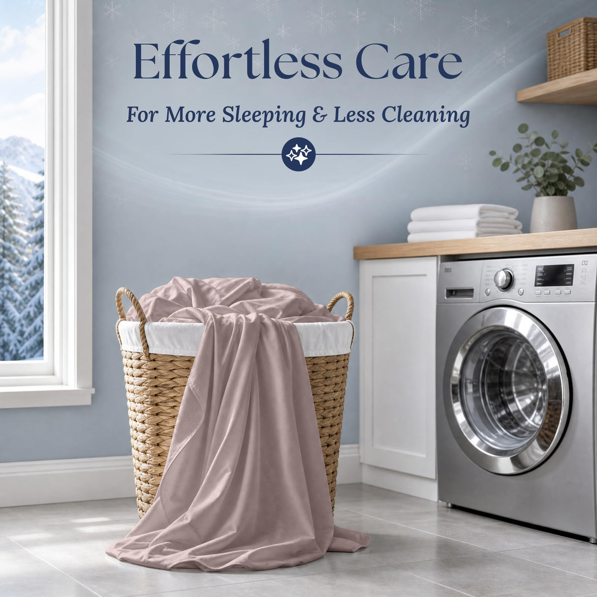 Blush pink sheets draped over a wicker laundry basket beside a washing machine. Graphic reads "Effortless Care".