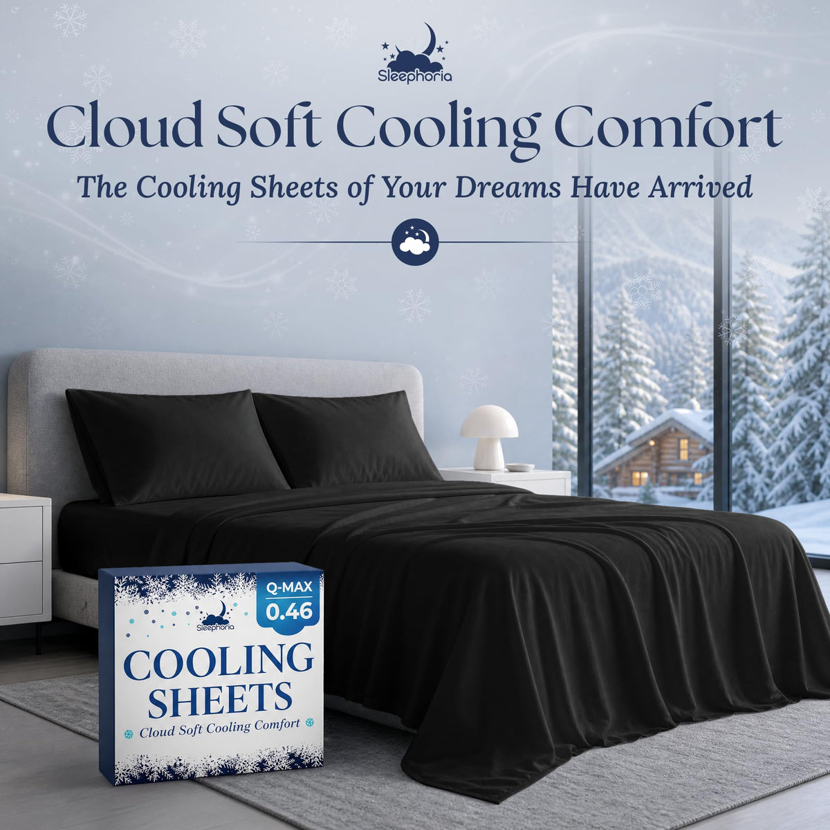 Black sheets and two matching pillows on a gray bed beside Sleephoria Cooling Sheets packaging, with snowy trees outside.