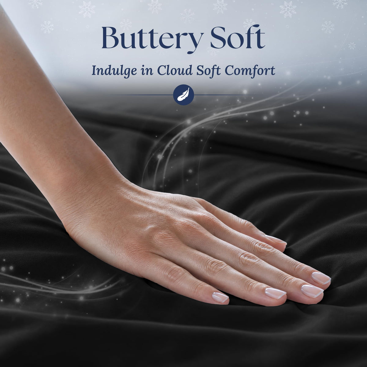 A hand smoothing black fabric with a soft sheen. Graphic reads "Buttery Soft".