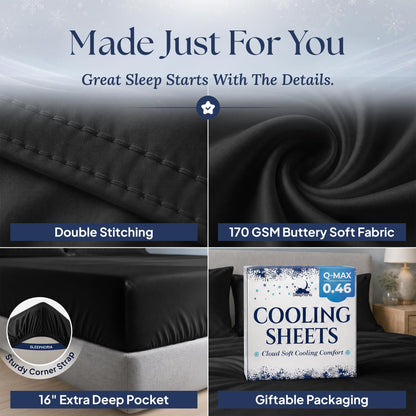 Black sheet detail collage: double stitching, 170 GSM fabric label, 16 inch pocket with corner strap, and Cooling Sheets packaging.