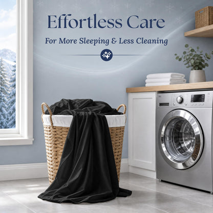 Black sheets draped over a wicker laundry basket beside a washing machine. Graphic reads "Effortless Care".