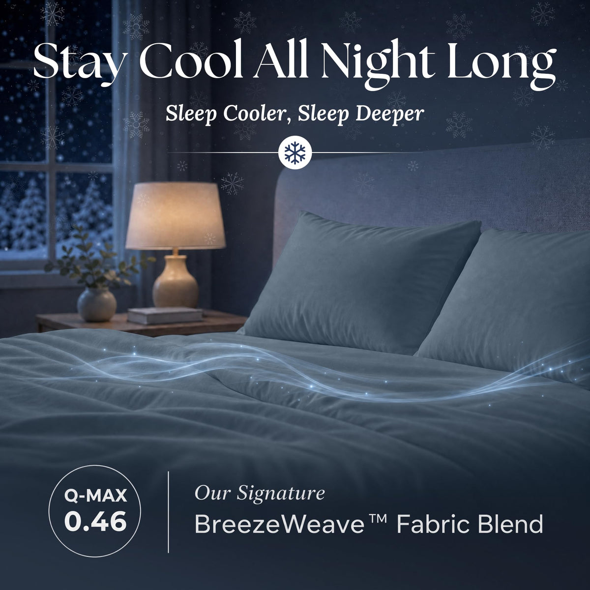 Navy blue sheets and matching pillows on a bed at night with flowing light effects and BreezeWeave and Q-MAX 0.46 labels.