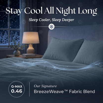 Navy blue sheets and matching pillows on a bed at night with flowing light effects and BreezeWeave and Q-MAX 0.46 labels.
