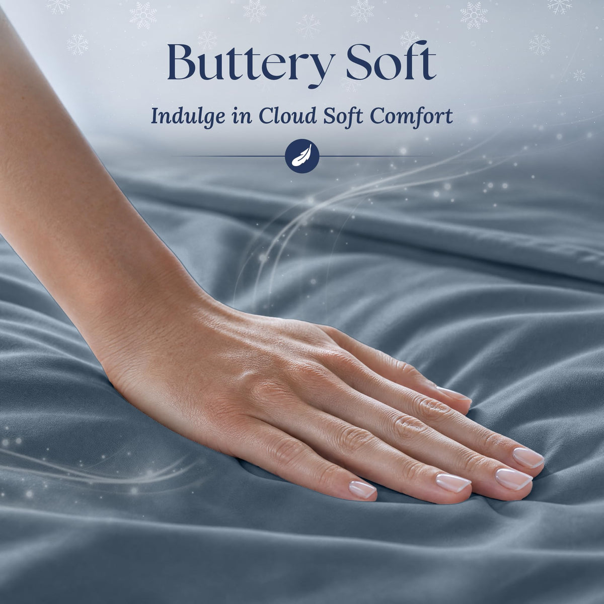 A hand smoothing navy blue fabric with a soft sheen. Graphic reads "Buttery Soft".
