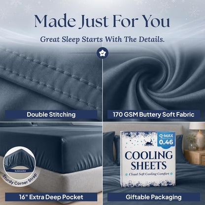 Navy blue sheet detail collage: double stitching, 170 GSM fabric label, 16 inch pocket with corner strap, and Cooling Sheets packaging.