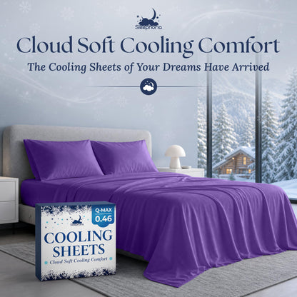 Purple sheets and two matching pillows on a gray bed beside Sleephoria Cooling Sheets packaging, with snowy trees outside.
