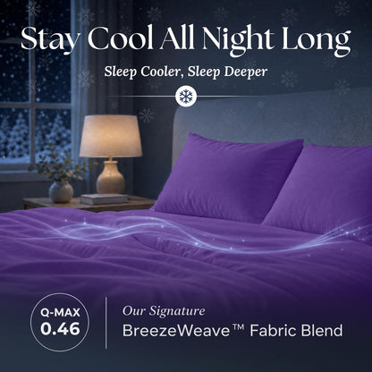 Purple sheets and matching pillows on a bed at night with flowing light effects and BreezeWeave and Q-MAX 0.46 labels.