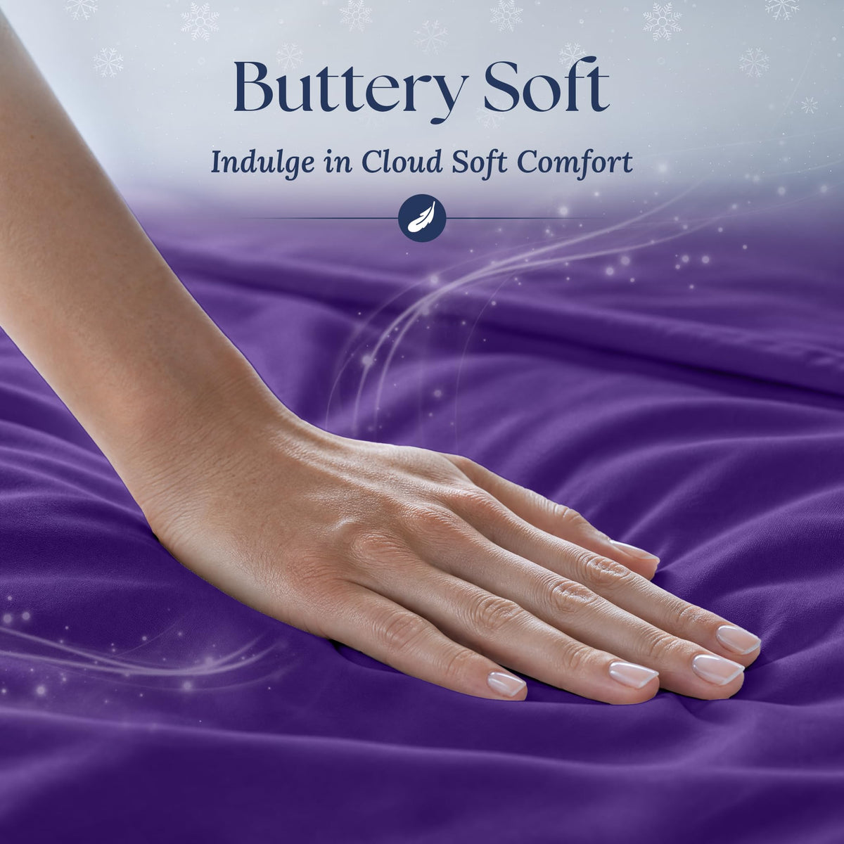 A hand smoothing purple fabric with a soft sheen. Graphic reads "Buttery Soft".