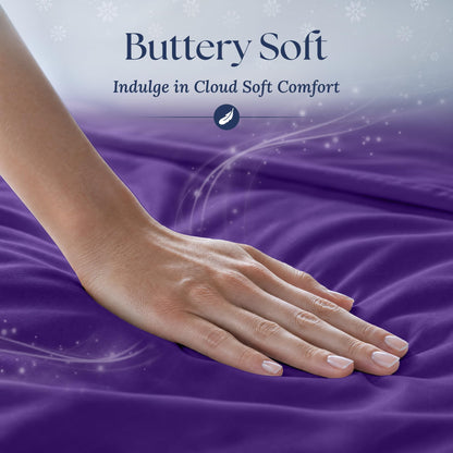 A hand smoothing purple fabric with a soft sheen. Graphic reads "Buttery Soft".