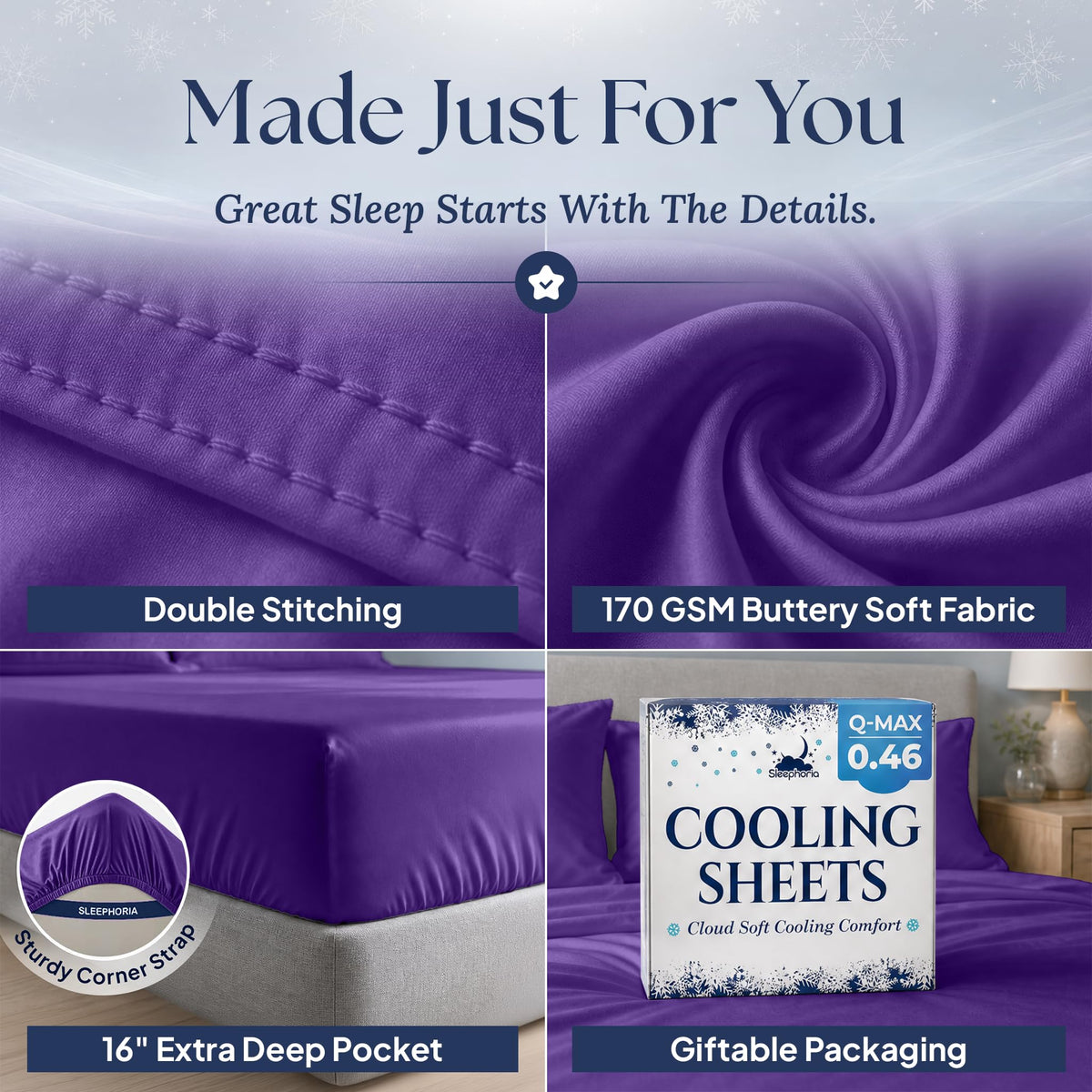 Purple sheet detail collage: double stitching, 170 GSM fabric label, 16 inch pocket with corner strap, and Cooling Sheets packaging.