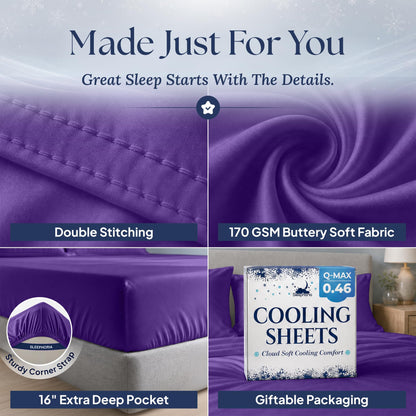 Purple sheet detail collage: double stitching, 170 GSM fabric label, 16 inch pocket with corner strap, and Cooling Sheets packaging.