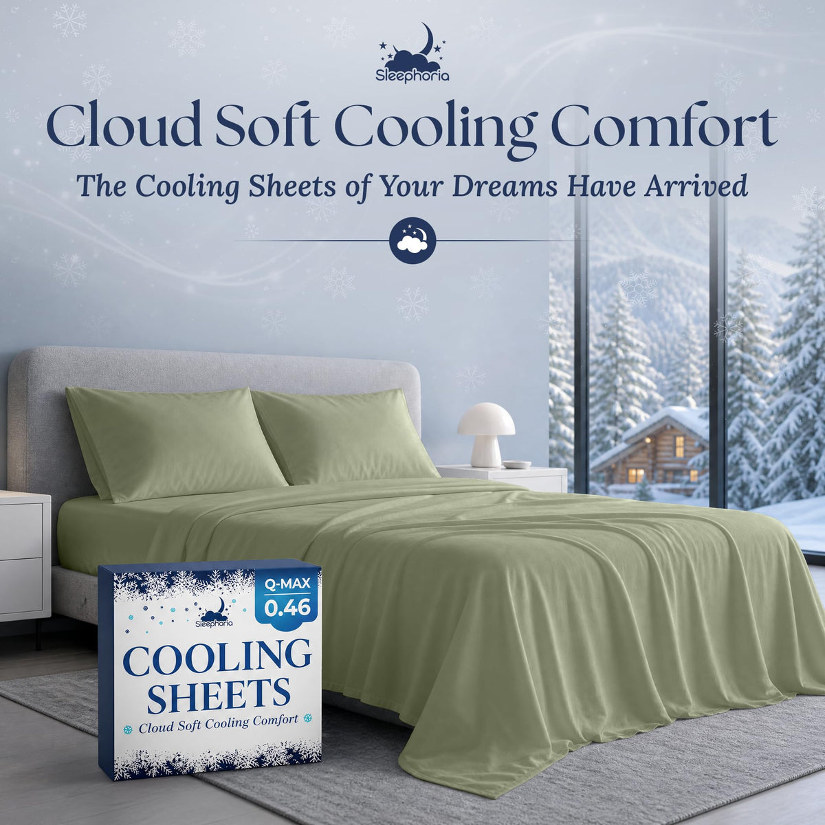 Sage green sheets and two matching pillows on a gray bed beside Sleephoria Cooling Sheets packaging, with snowy trees outside.