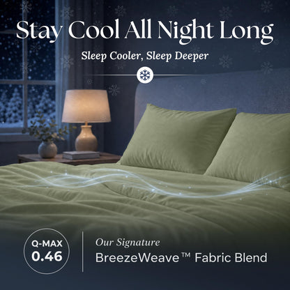 Sage green sheets and matching pillows on a bed at night with flowing light effects and BreezeWeave and Q-MAX 0.46 labels.