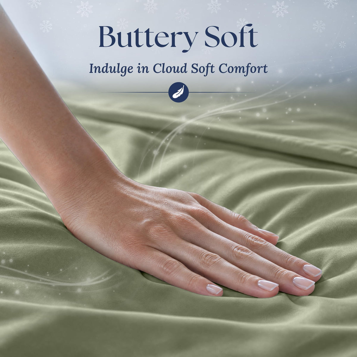 A hand smoothing sage green fabric with a soft sheen. Graphic reads "Buttery Soft".