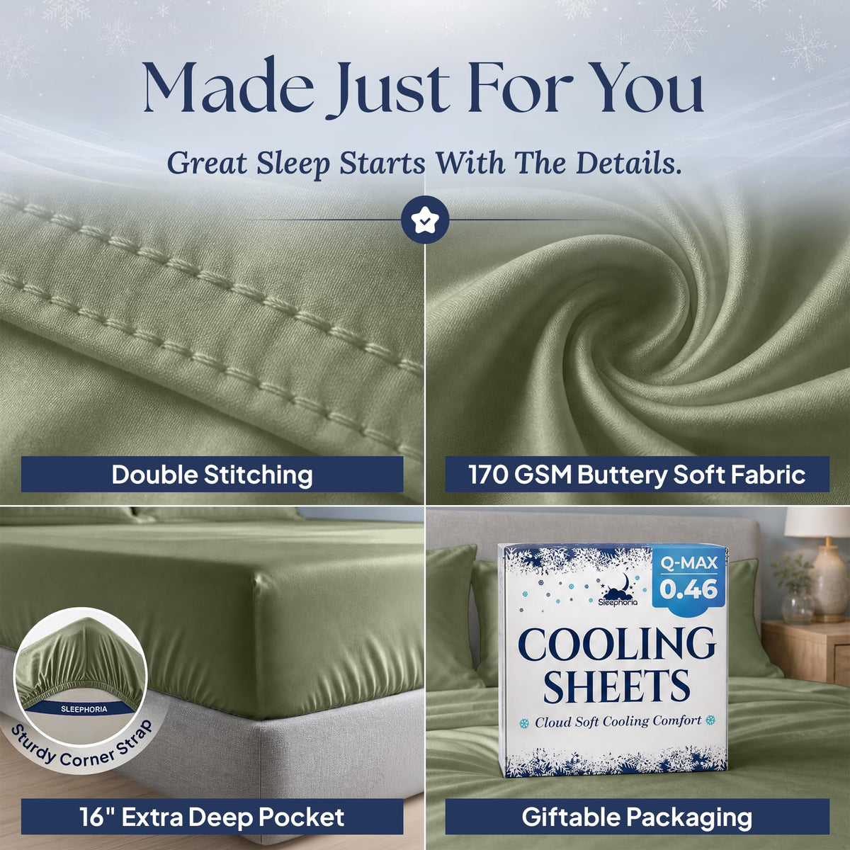 Sage green sheet detail collage: double stitching, 170 GSM fabric label, 16 inch pocket with corner strap, and Cooling Sheets packaging.