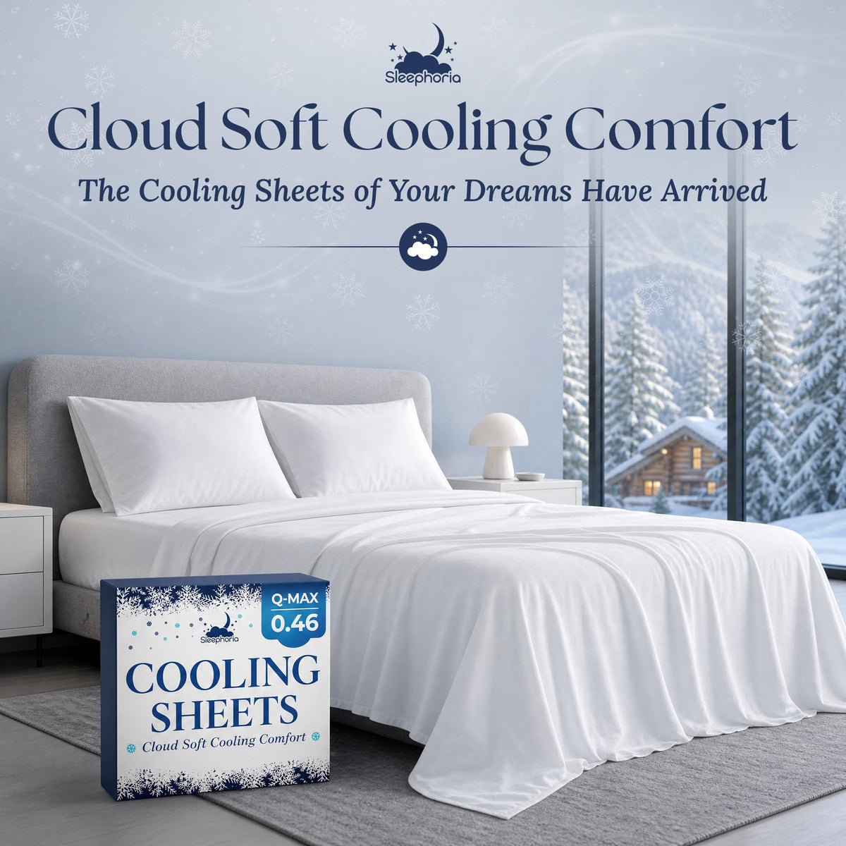 White sheets and two matching pillows on a gray bed beside Sleephoria Cooling Sheets packaging, with snowy trees outside.
