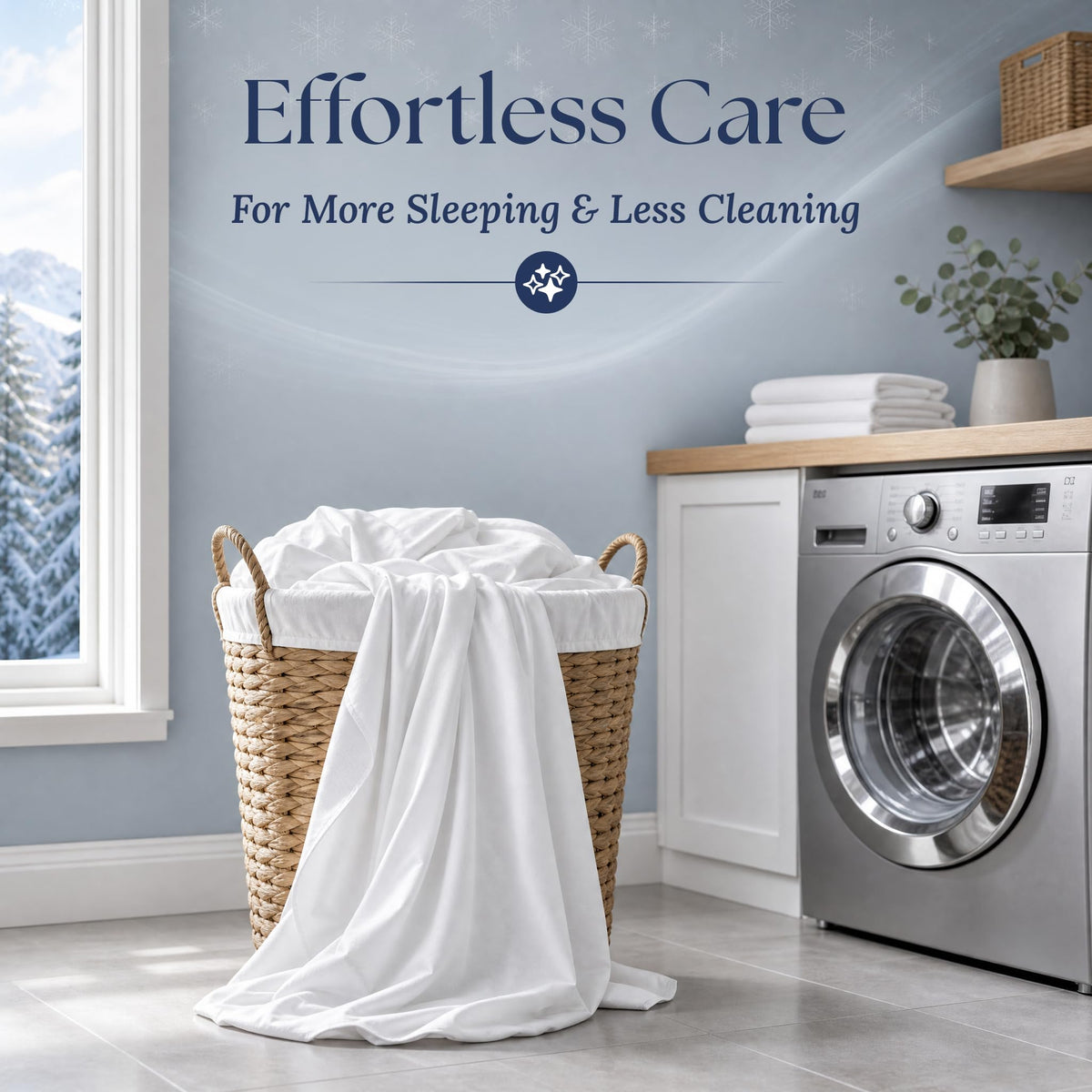 White sheets draped over a wicker laundry basket beside a washing machine. Graphic reads "Effortless Care".