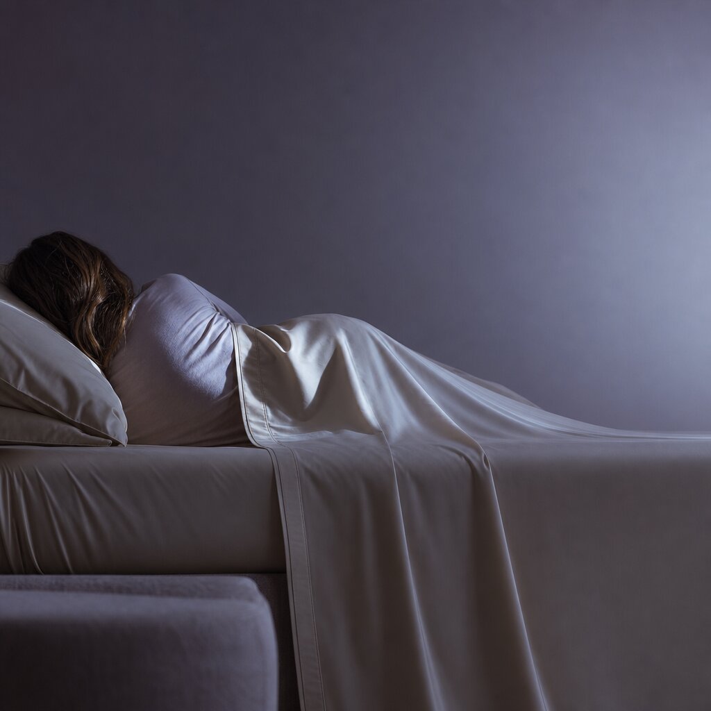 A person lying on their side with a white pillow and cream sheet in a softly lit mauve bedroom.