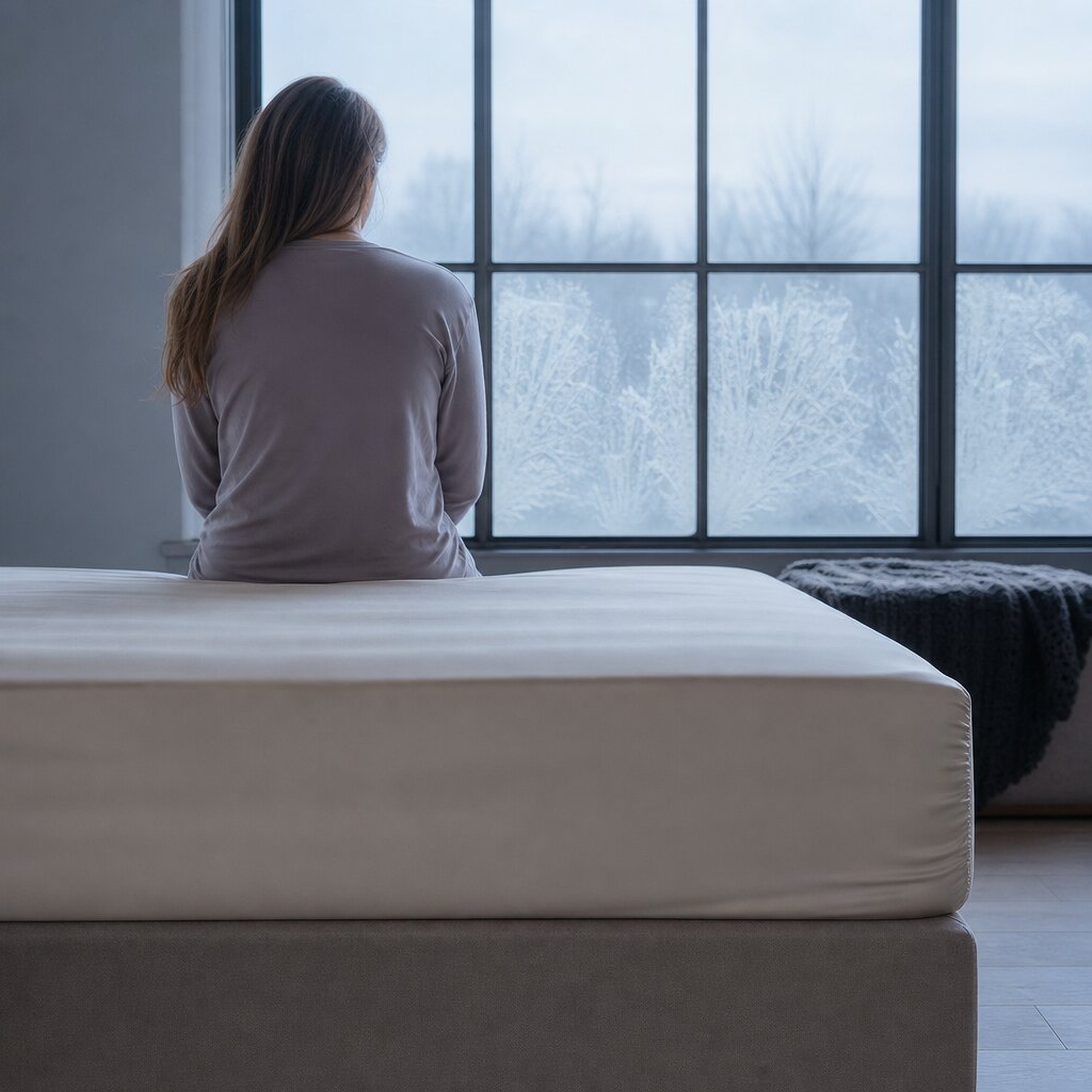 A person sitting on the edge of a bed with cream bedding, looking out at snowy trees through a large window.