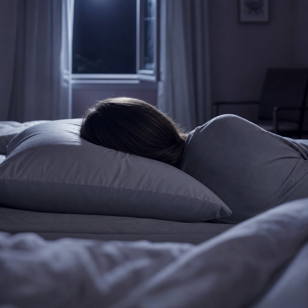 Close view of a person resting on their side against a gray pillow in a dim bedroom.