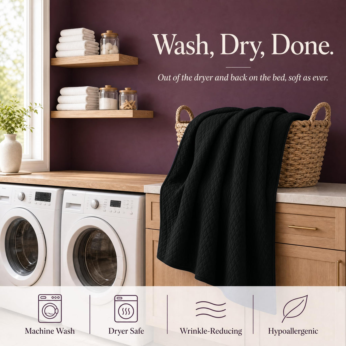 Black quilt draped over a wicker basket above laundry machines beneath "Wash, Dry, Done".