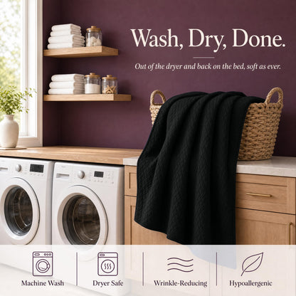 Black quilt draped over a wicker basket above laundry machines beneath "Wash, Dry, Done".