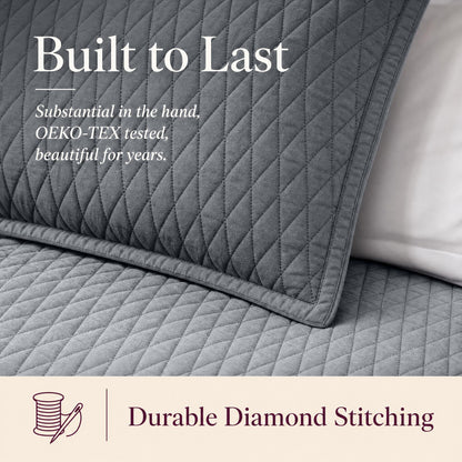 Close-up of gray diamond stitching on a quilt and sham beneath "Built to Last" and above "Durable Diamond Stitching".