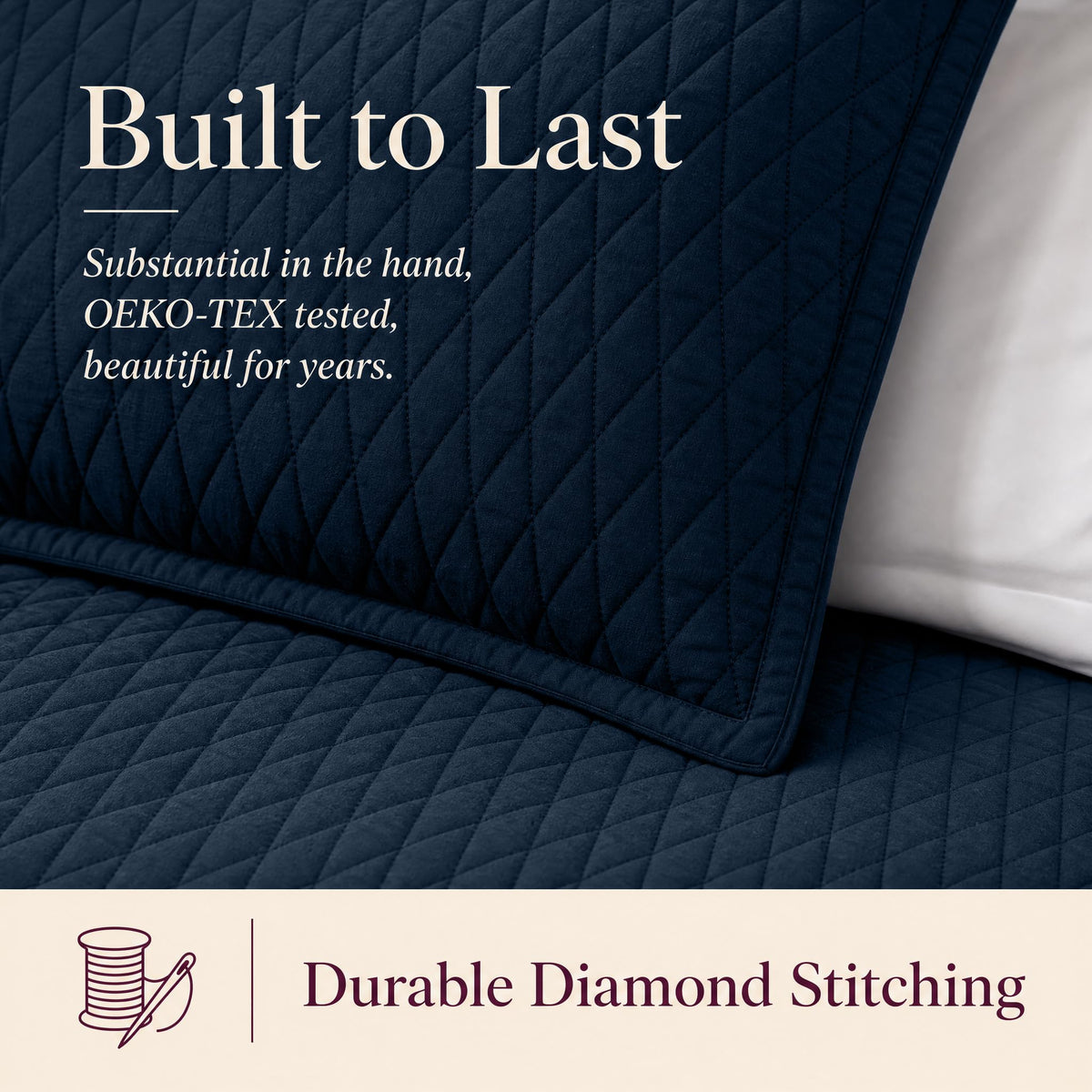 Close-up of navy blue diamond stitching on a quilt and sham beneath "Built to Last" and above "Durable Diamond Stitching".