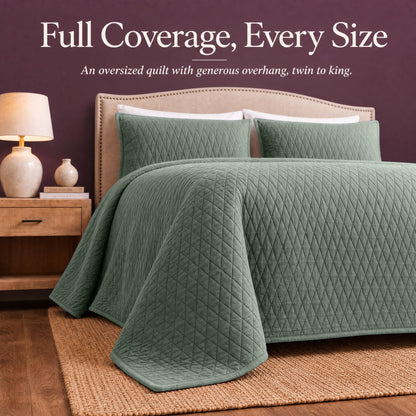 Sage green diamond quilt draped over both sides and the foot of a bed with matching shams beneath "Full Coverage, Every Size".