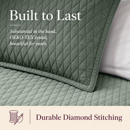 Close-up of sage green diamond stitching on a quilt and sham beneath "Built to Last" and above "Durable Diamond Stitching".