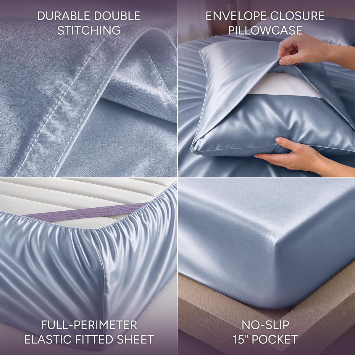 Light blue satin sheet detail collage showing double stitching, an envelope pillowcase, perimeter elastic and a pocket labeled 15 inches.