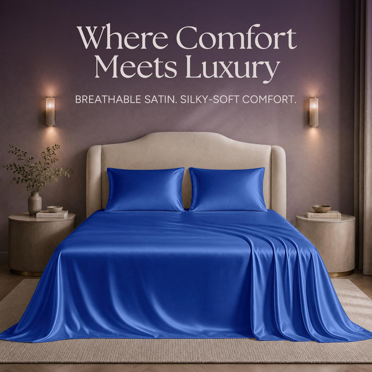 Royal blue satin sheets and two matching pillows on a bed beneath "Where Comfort Meets Luxury".