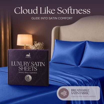 Royal blue satin pillows and sheets beside a purple sheet box, beneath the heading "Cloud Like Softness".