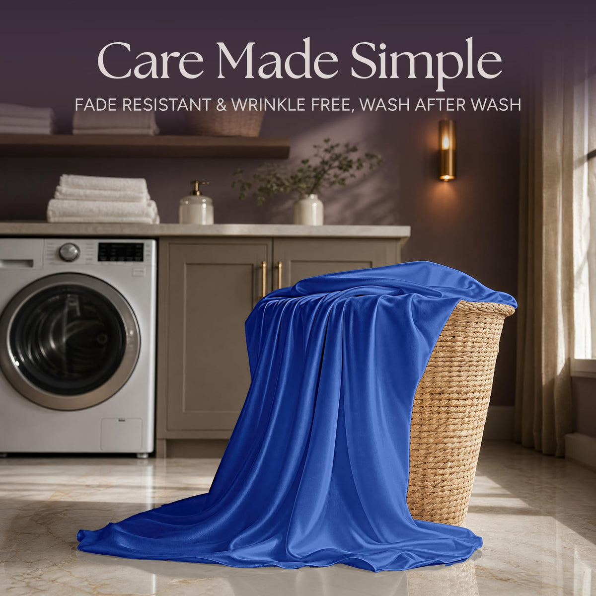 Royal blue satin fabric draped over a wicker laundry basket beside a washing machine beneath "Care Made Simple".