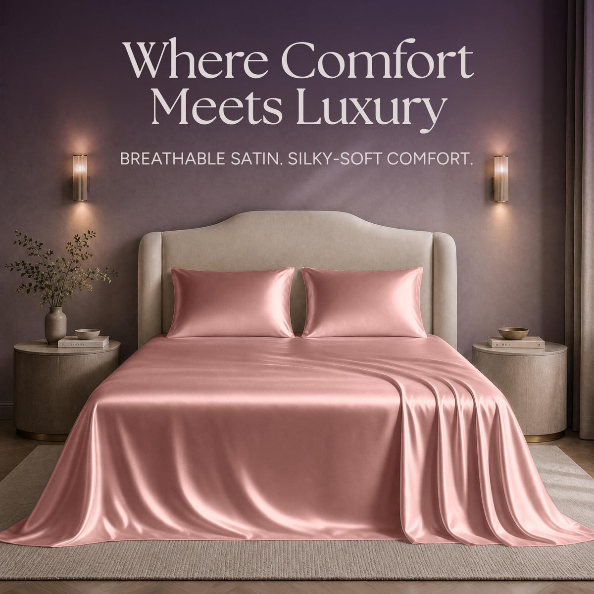 Rose pink satin sheets and two matching pillows on a bed beneath "Where Comfort Meets Luxury".