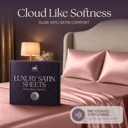 Rose pink satin pillows and sheets beside a purple sheet box, beneath the heading "Cloud Like Softness".