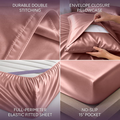 Rose pink satin sheet detail collage showing double stitching, an envelope pillowcase, perimeter elastic and a pocket labeled 15 inches.