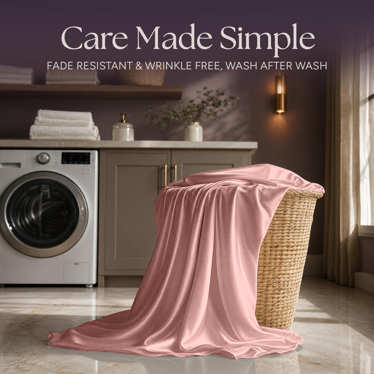Rose pink satin fabric draped over a wicker laundry basket beside a washing machine beneath "Care Made Simple".