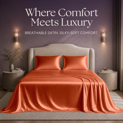 Burnt orange satin sheets and two matching pillows on a bed beneath "Where Comfort Meets Luxury".